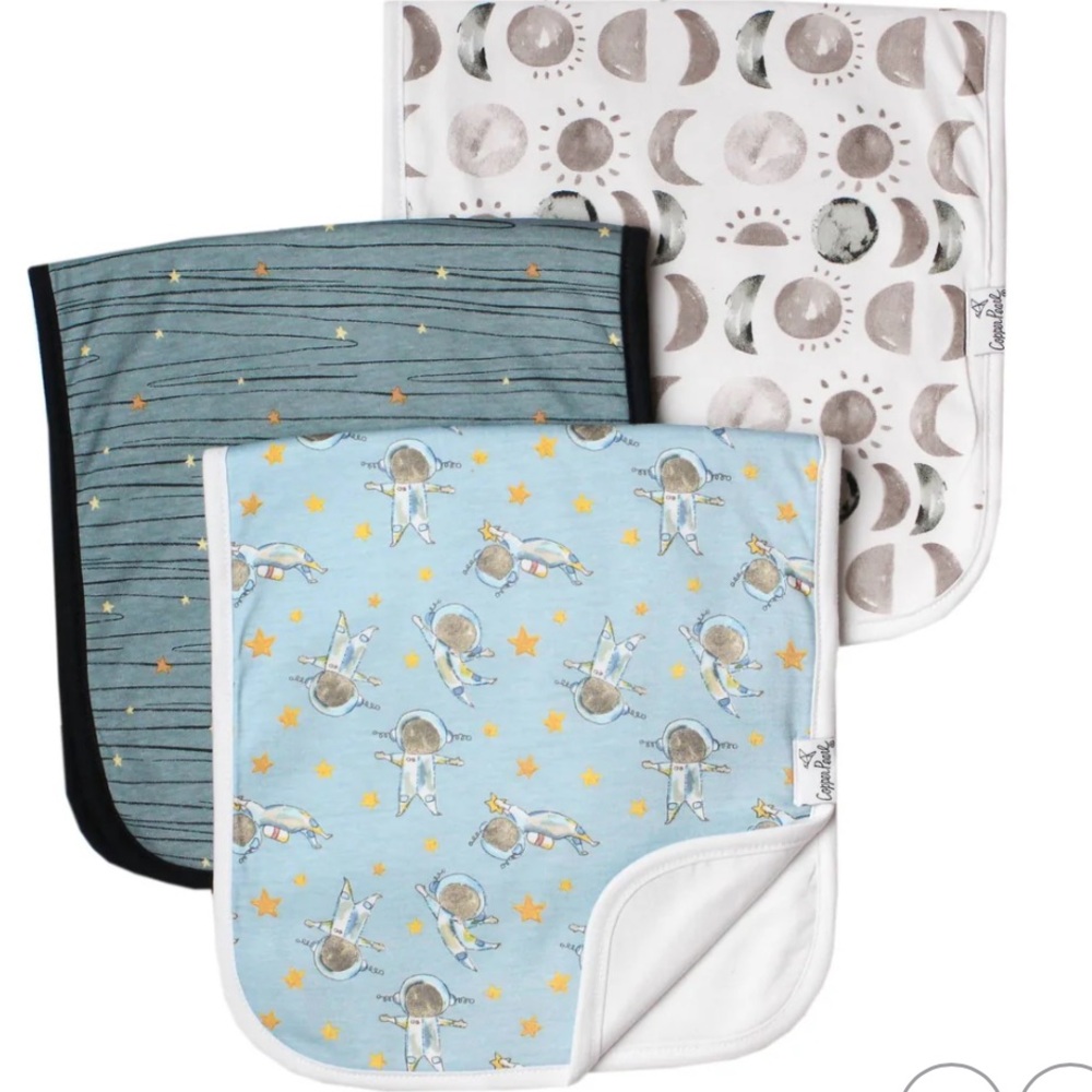 Copper Pearl baby burp clothes.